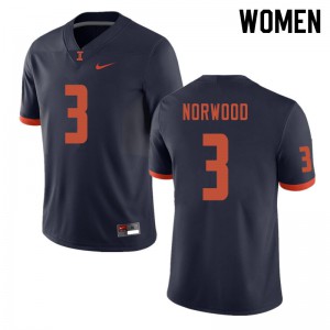 Women's University of Illinois #3 Jakari Norwood Navy Football Jerseys 952448-657